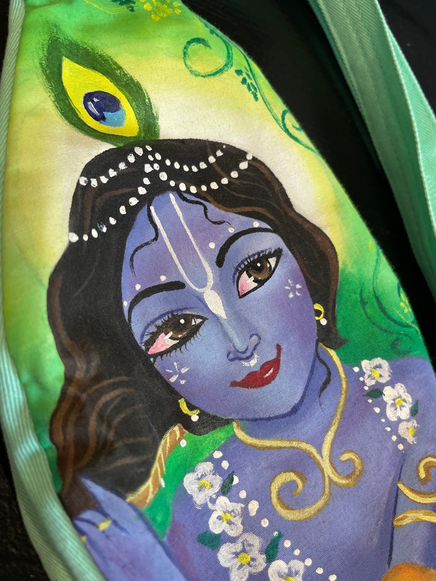Maldos karoliukų maišelis ,,Krishna", rankų darbo piešiniu