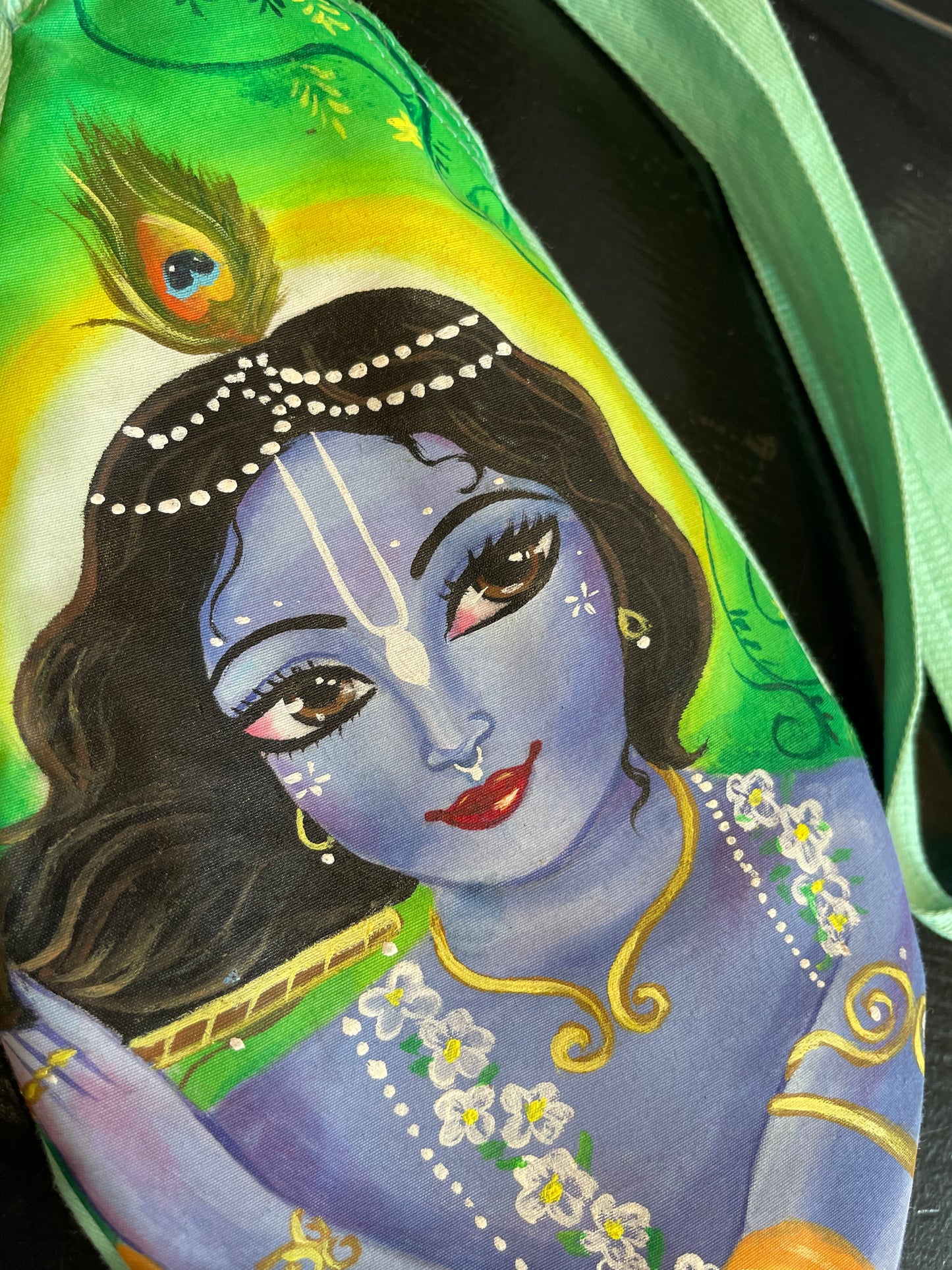 Maldos karoliukų maišelis ,,Krishna", rankų darbo piešiniu
